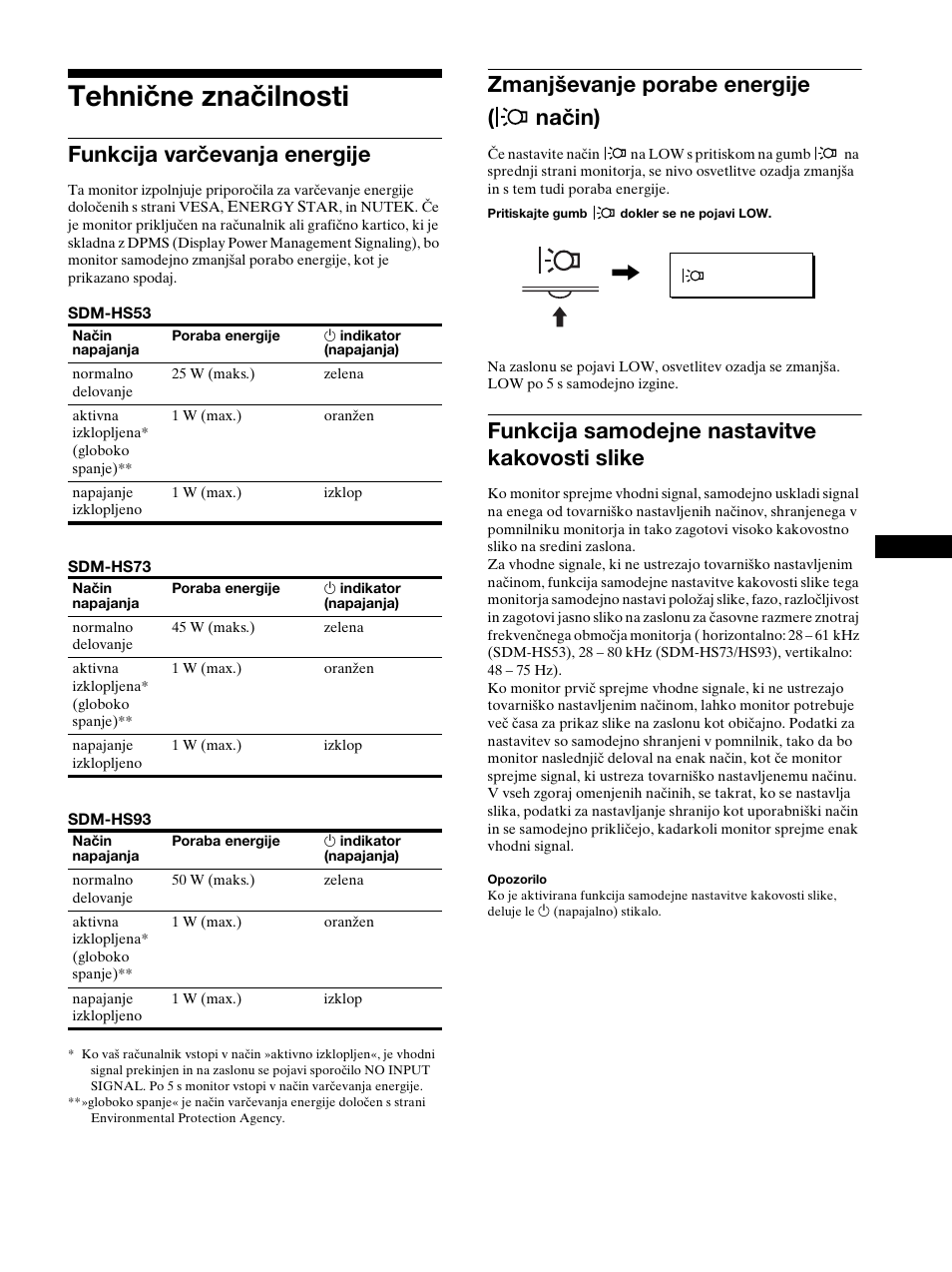 Tehnične značilnosti, Funkcija varèevanja energije, Zmanjðevanje porabe energije ( naèin) | Funkcija samodejne nastavitve kakovosti slike, Način), Stran 15), Funkcija varčevanja energije, Zmanjševanje porabe energije ( način) | Sony SDM-HS53 User Manual | Page 263 / 288