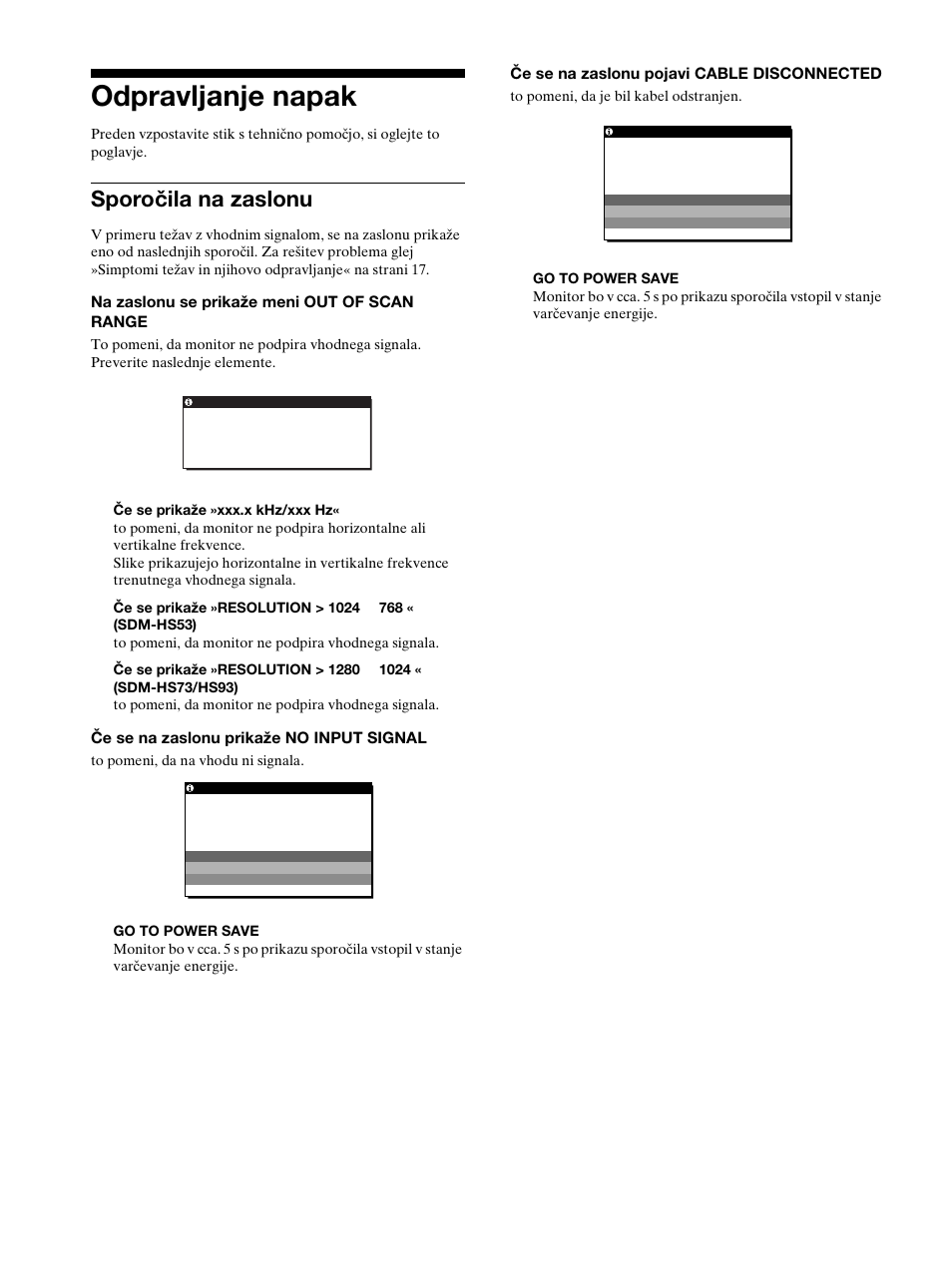 Odpravljanje napak, Sporočila na zaslonu | Sony SDM-HS53 User Manual | Page 264 / 288