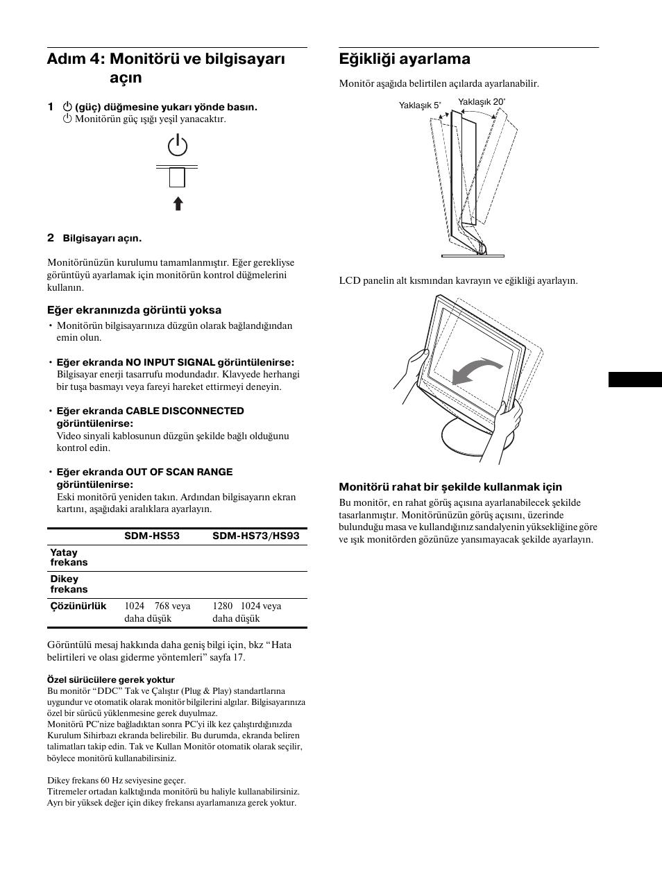 Adım 4: monitörü ve bilgisayarı açın, Eğikliği ayarlama, Adım 4 | Monitörü ve bilgisayarı açın, Sayfalar 9 | Sony SDM-HS53 User Manual | Page 276 / 288