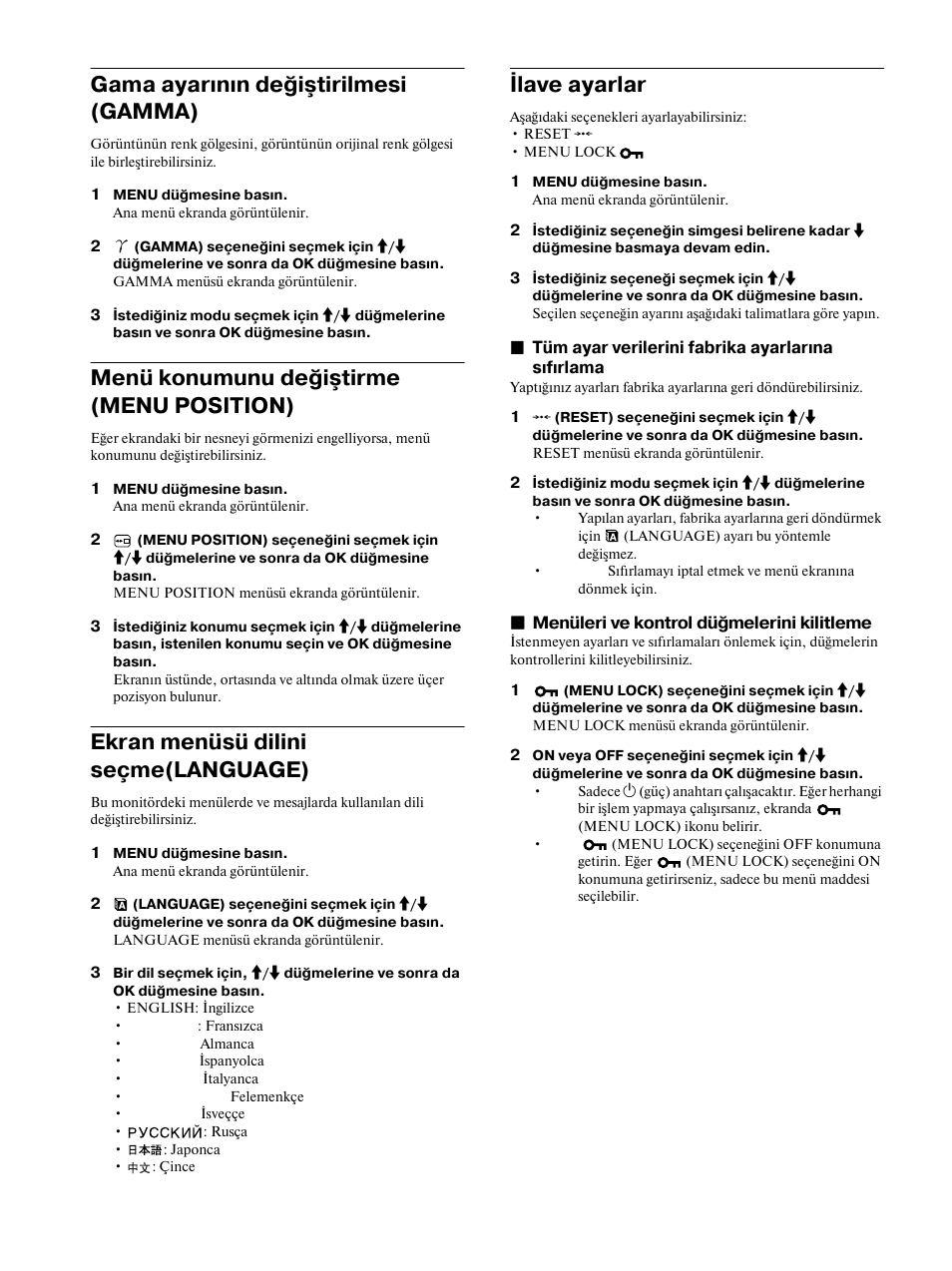 Gama ayarının değiştirilmesi (gamma), Menü konumunu değiştirme (menu position), Ekran menüsü dilini seçme(language) | Ilave ayarlar, Sayfa 14, Sayfa 14), Bkz sayfa 14, 14 gama ayarının değiştirilmesi (gamma) | Sony SDM-HS53 User Manual | Page 281 / 288