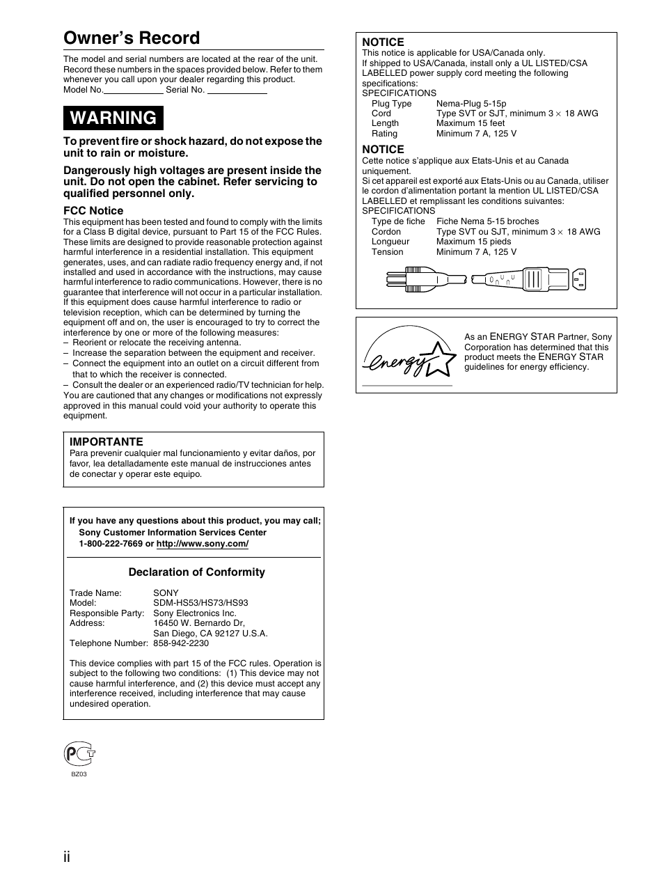 Owner’s record, Warning | Sony SDM-HS53 User Manual | Page 288 / 288