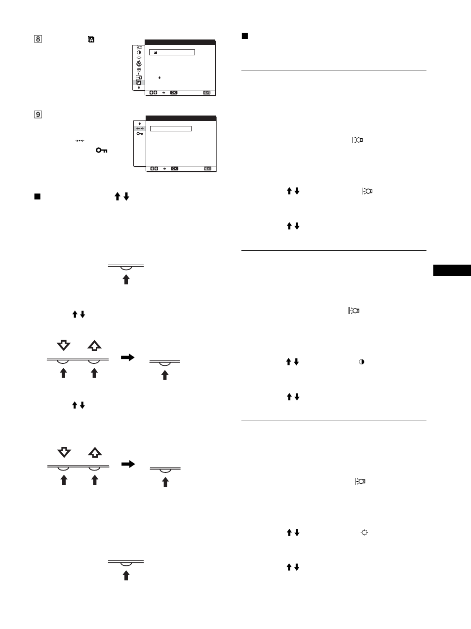 Adjusting the backlight (backlight), Adjusting the contrast (contrast), Adjusting the black level of an image (brightness) | Voorzorgsmaatregelen, Menu ok, Menu | Sony SDM-HS53 User Manual | Page 30 / 288