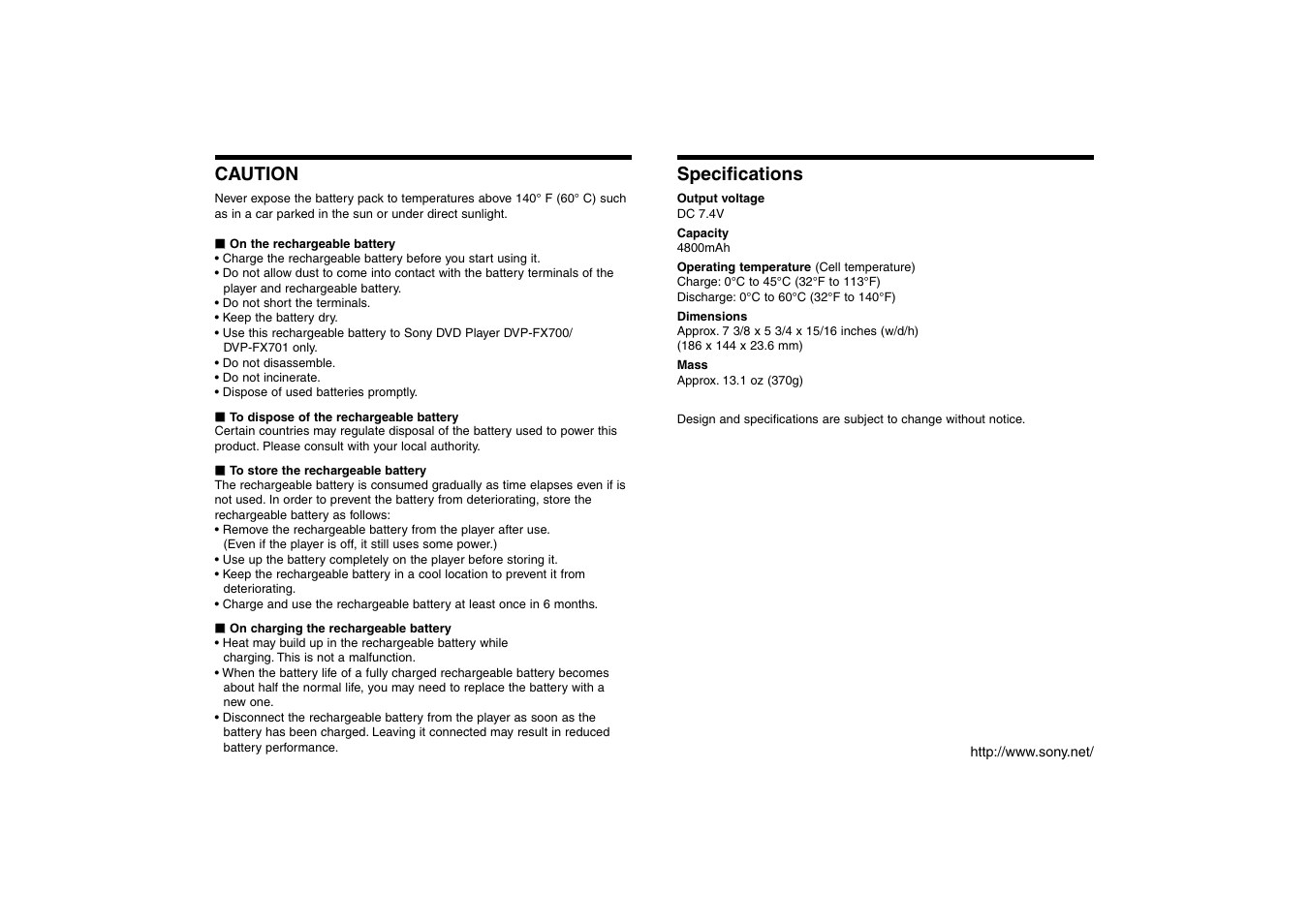 Caution, Specifications | Sony NP FX101 User Manual | Page 2 / 2