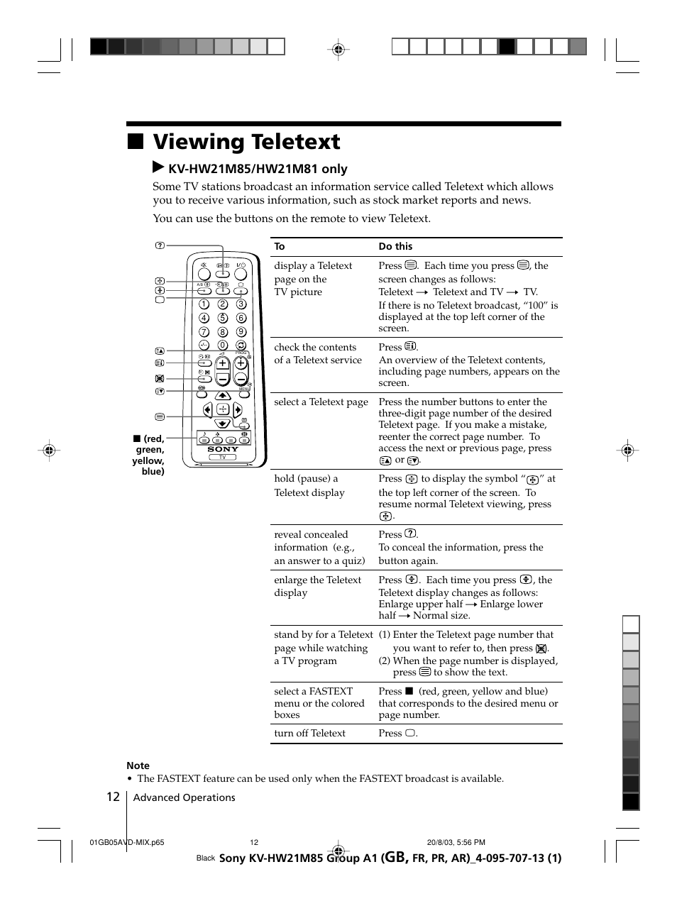 Viewing teletext (kv-hw21m85/hw21m81 only), Xviewing teletext | Sony WEGA KV-HW21 User Manual | Page 12 / 110