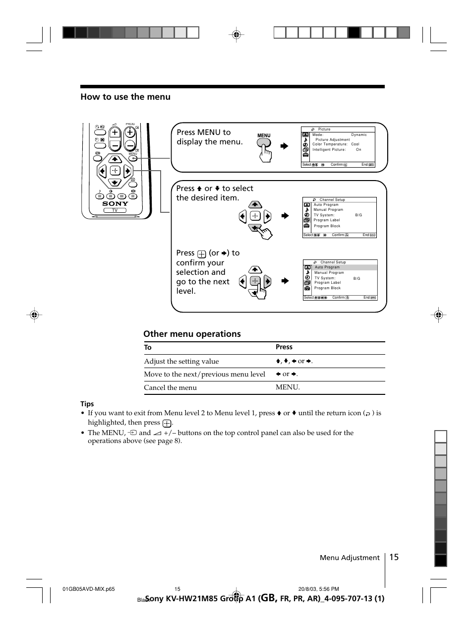 How to use the menu other menu operations, Menu adjustment | Sony WEGA KV-HW21 User Manual | Page 15 / 110