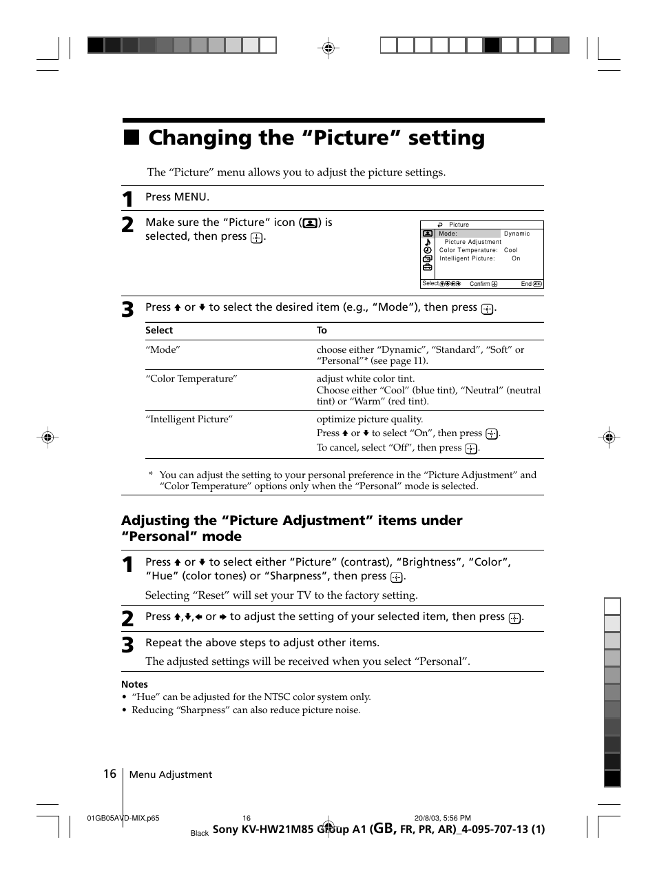 Changing the “picture” setting, Xchanging the “picture” setting | Sony WEGA KV-HW21 User Manual | Page 16 / 110