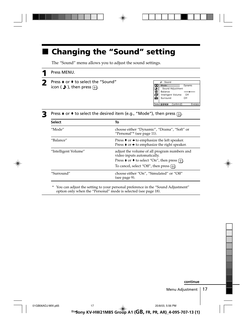 Changing the “sound” setting, Xchanging the “sound” setting | Sony WEGA KV-HW21 User Manual | Page 17 / 110