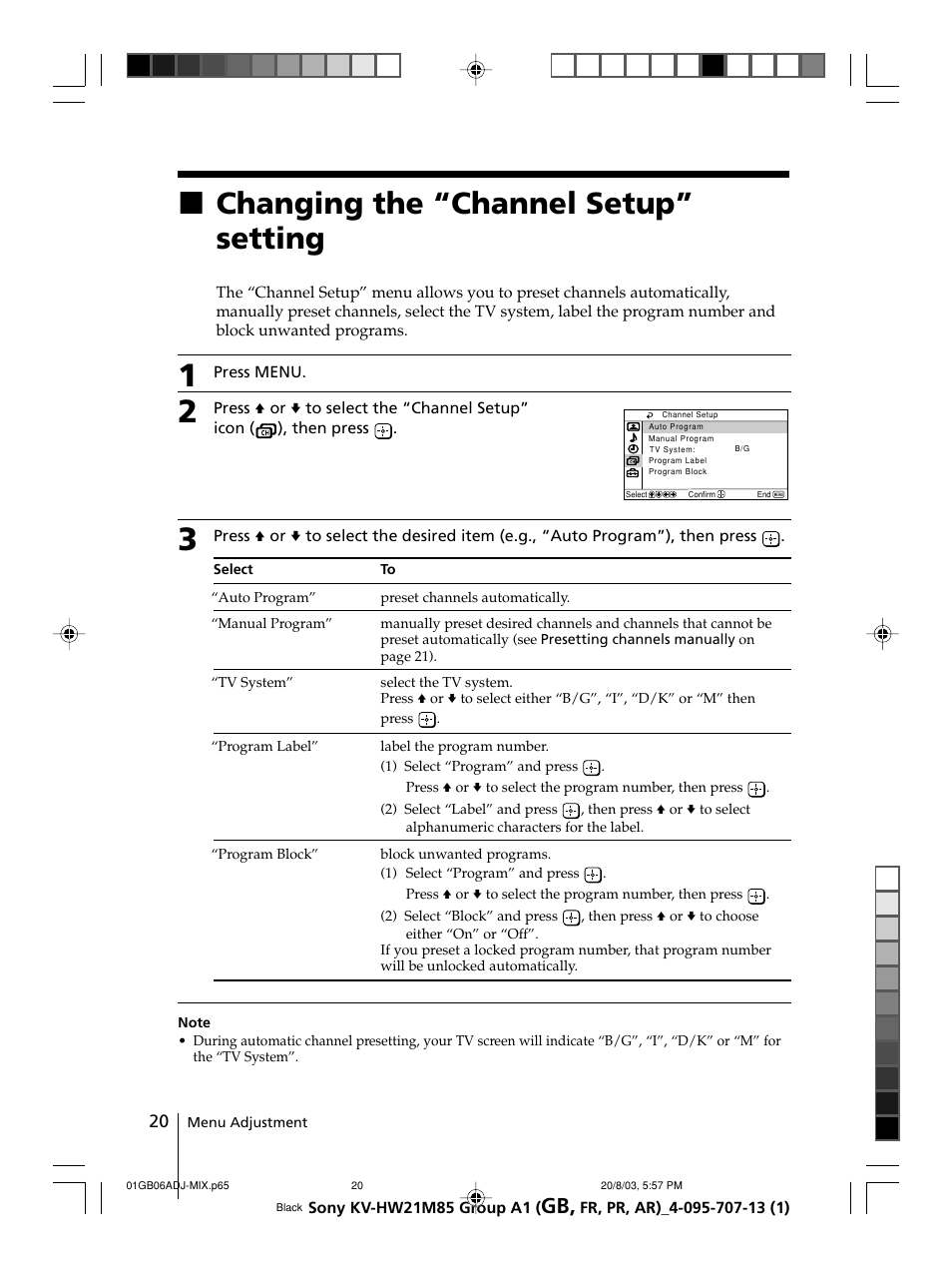 Changing the “channel setup” setting, Xchanging the “channel setup” setting | Sony WEGA KV-HW21 User Manual | Page 20 / 110