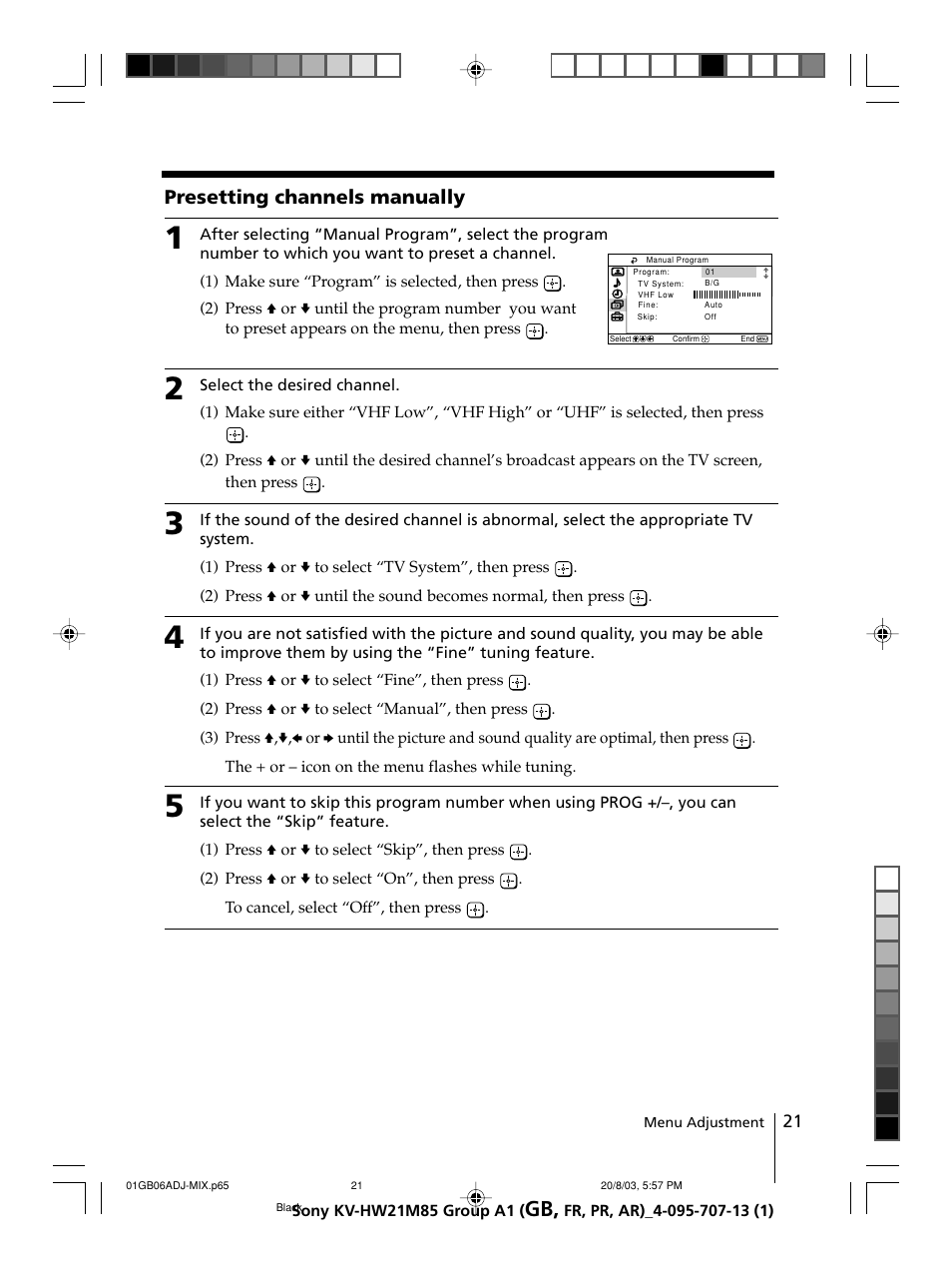 Presetting channels manually | Sony WEGA KV-HW21 User Manual | Page 21 / 110