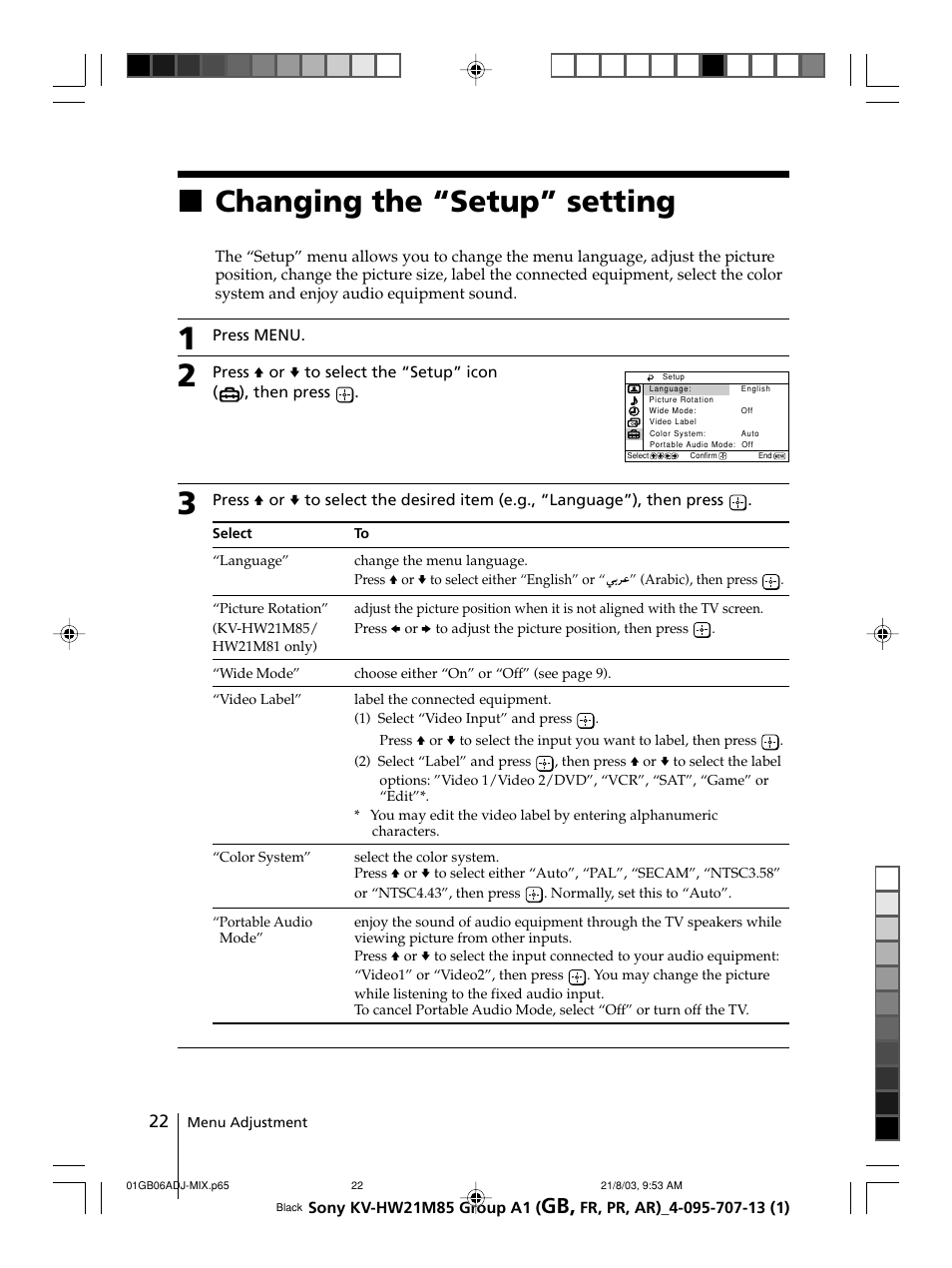 Changing the “setup” setting, Xchanging the “setup” setting | Sony WEGA KV-HW21 User Manual | Page 22 / 110