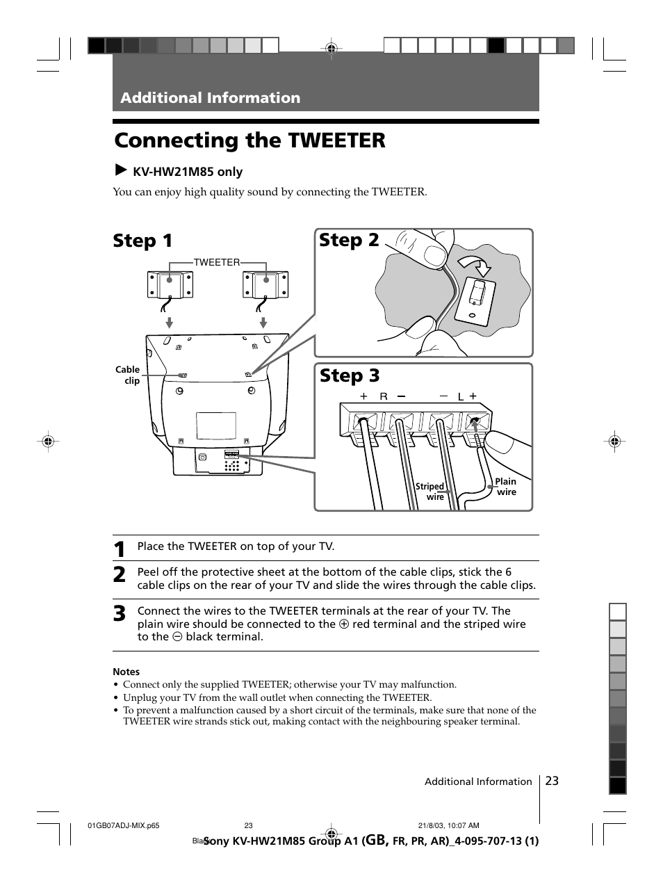 Additional information, Connecting the tweeter (kv-hw21m85 only), Connecting the tweeter | Step 2, Step 3 step 1 | Sony WEGA KV-HW21 User Manual | Page 23 / 110