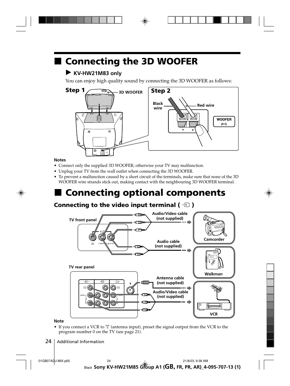 Xconnecting optional components, Xconnecting the 3d woofer, Connecting to the video input terminal ( t ) | Step 1 step 2, Kv-hw21m83 only | Sony WEGA KV-HW21 User Manual | Page 24 / 110