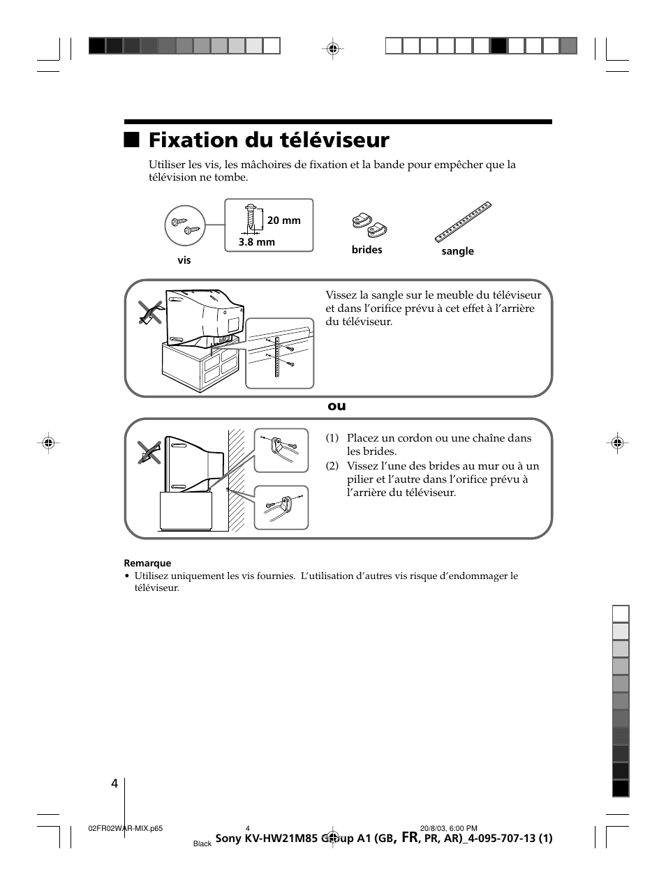 Xfixation du téléviseur | Sony WEGA KV-HW21 User Manual | Page 31 / 110