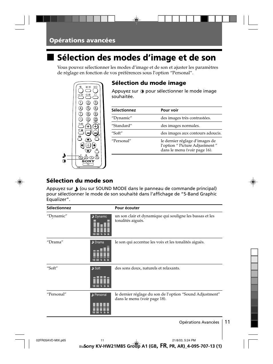 Opérations avancées, Sélection des modes d’image et de son, Sélection du mode son | Sélection du mode image | Sony WEGA KV-HW21 User Manual | Page 38 / 110