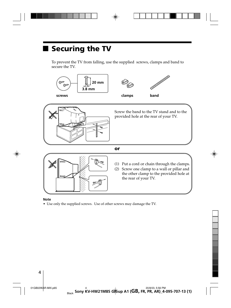 Xsecuring the tv | Sony WEGA KV-HW21 User Manual | Page 4 / 110