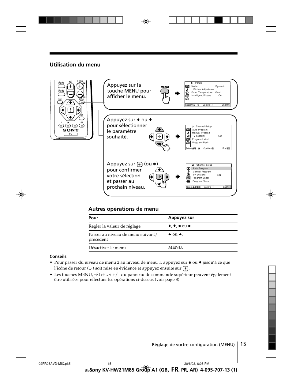 Utilisation du menu autres opérations de menu, Réglage de vortre configuration (menu) | Sony WEGA KV-HW21 User Manual | Page 42 / 110