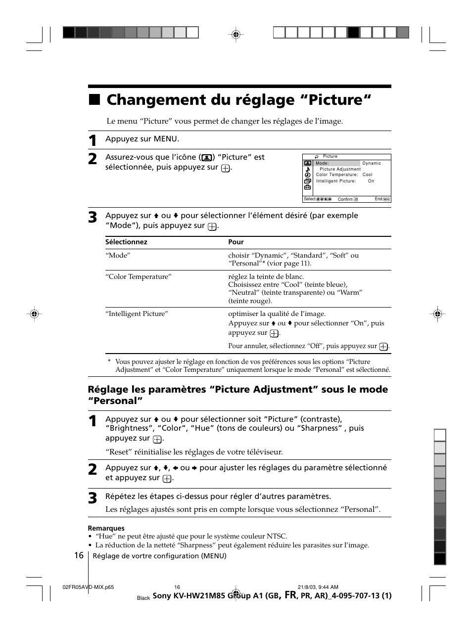 Changement du réglage “picture, Xchangement du réglage “picture | Sony WEGA KV-HW21 User Manual | Page 43 / 110