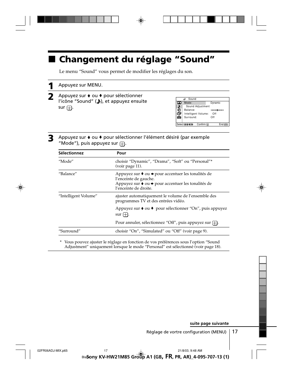 Changement du réglage “sound, Xchangement du réglage “sound | Sony WEGA KV-HW21 User Manual | Page 44 / 110