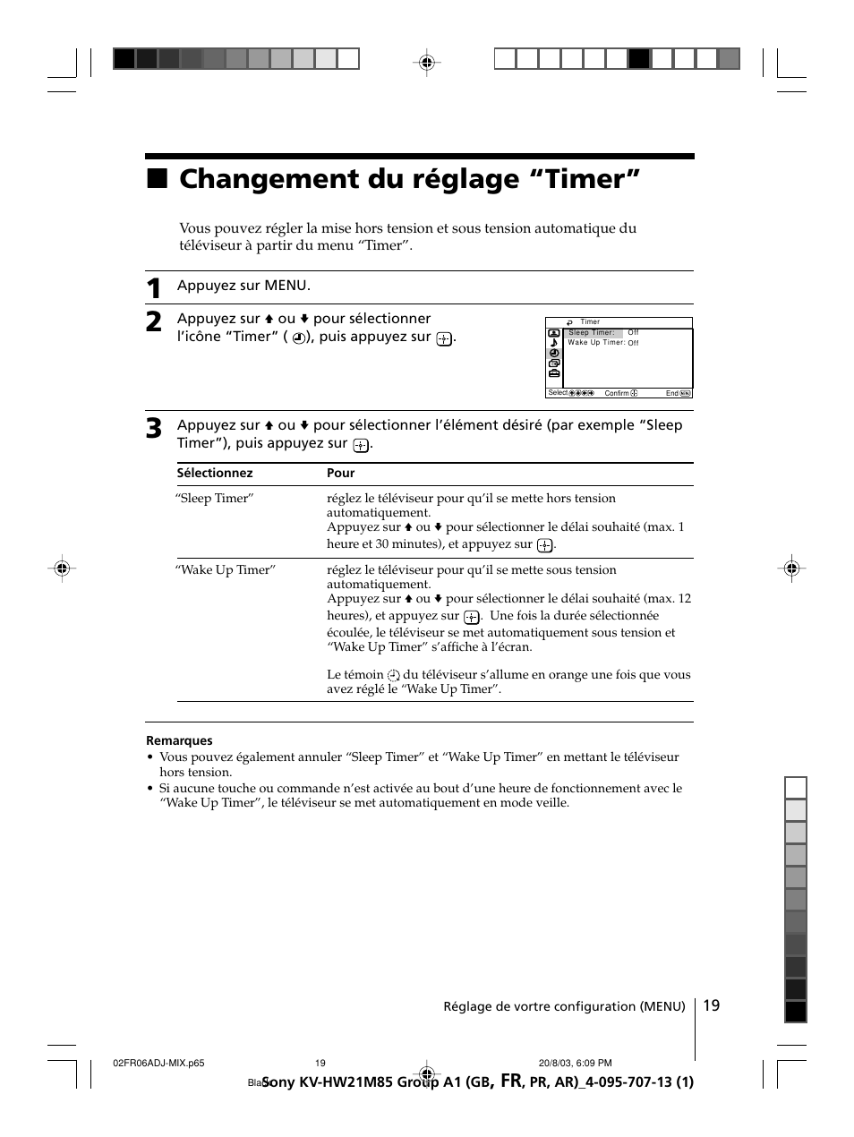 Changement du réglage “timer, Xchangement du réglage “timer | Sony WEGA KV-HW21 User Manual | Page 46 / 110