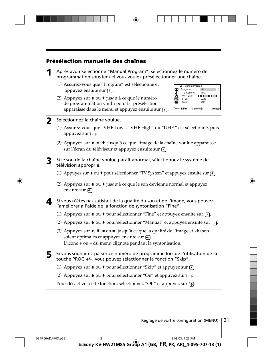 Présélection manuelle des chaînes | Sony WEGA KV-HW21 User Manual | Page 48 / 110