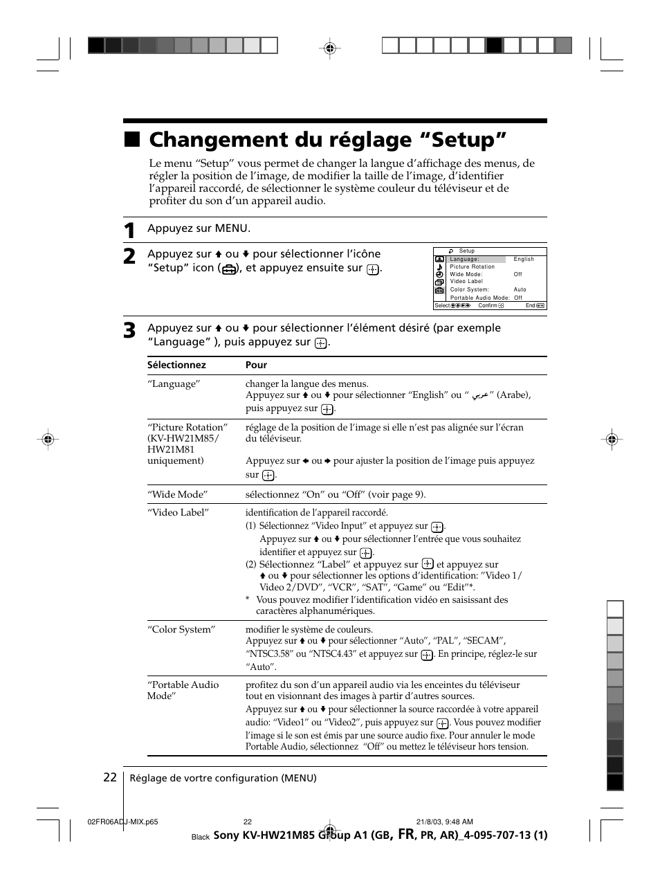 Changement du réglage “setup, Xchangement du réglage “setup | Sony WEGA KV-HW21 User Manual | Page 49 / 110