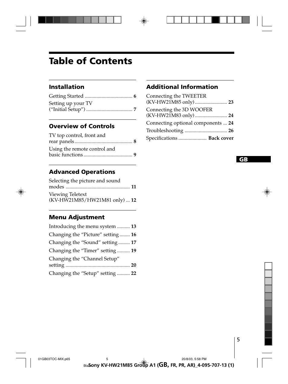 Sony WEGA KV-HW21 User Manual | Page 5 / 110