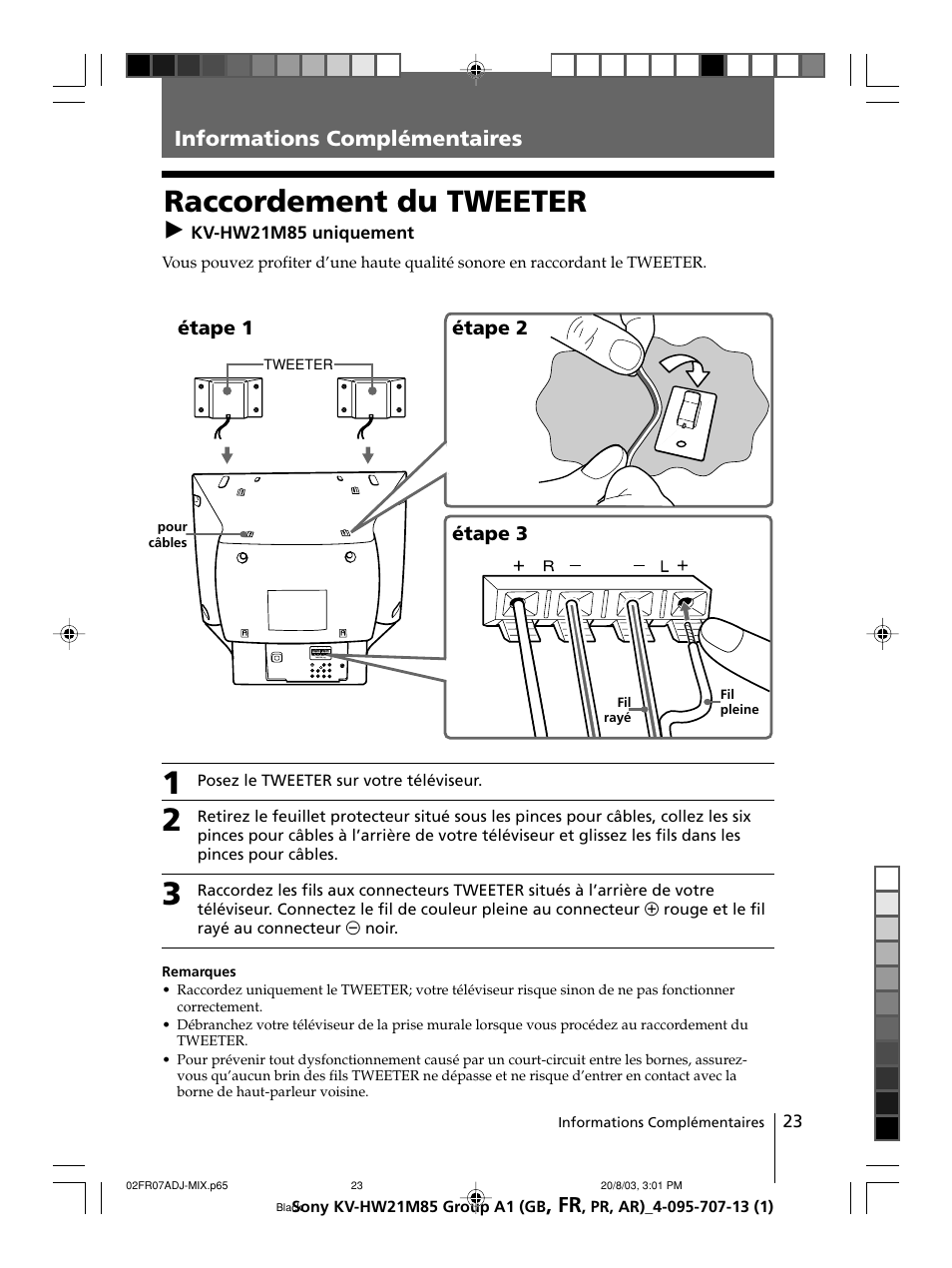 Informations complémentaires, Raccordement du tweeter (kv-hw21m85 uniquement), Raccordement du tweeter | Sony WEGA KV-HW21 User Manual | Page 50 / 110