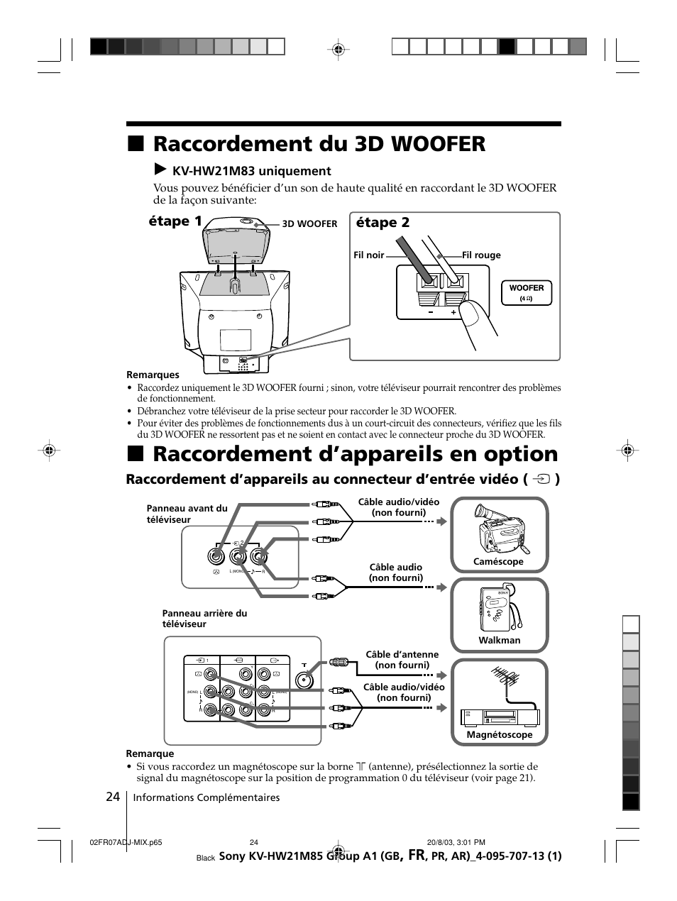 Xraccordement d’appareils en option, Xraccordement du 3d woofer, Étape 1 étape 2 | Kv-hw21m83 uniquement | Sony WEGA KV-HW21 User Manual | Page 51 / 110