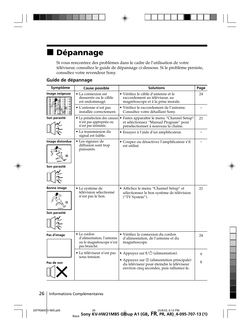 Dépannage | Sony WEGA KV-HW21 User Manual | Page 53 / 110