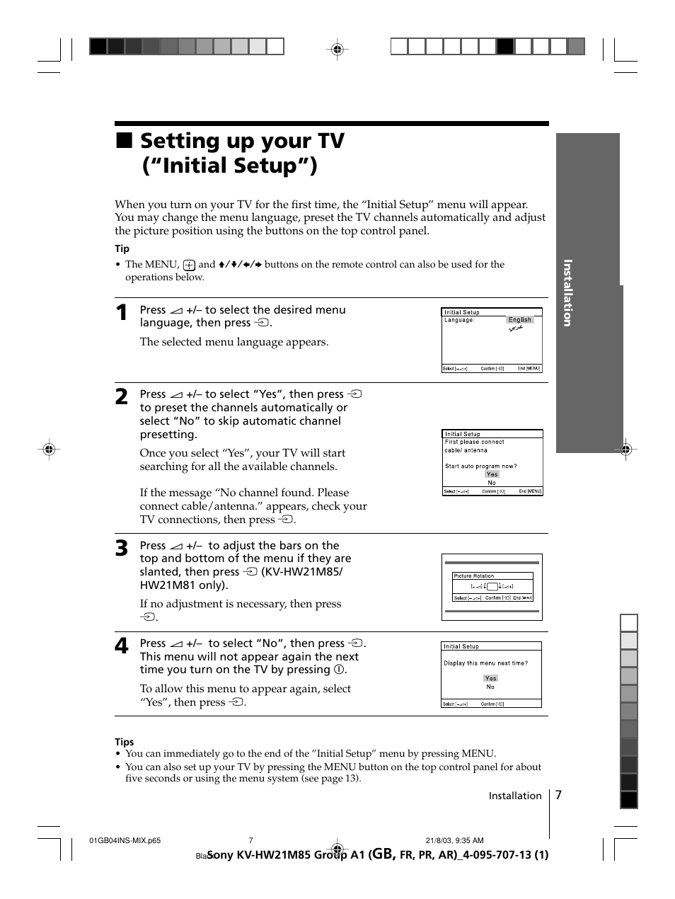 Setting up your tv (“initial setup”), Xsetting up your tv (“initial setup”) | Sony WEGA KV-HW21 User Manual | Page 7 / 110