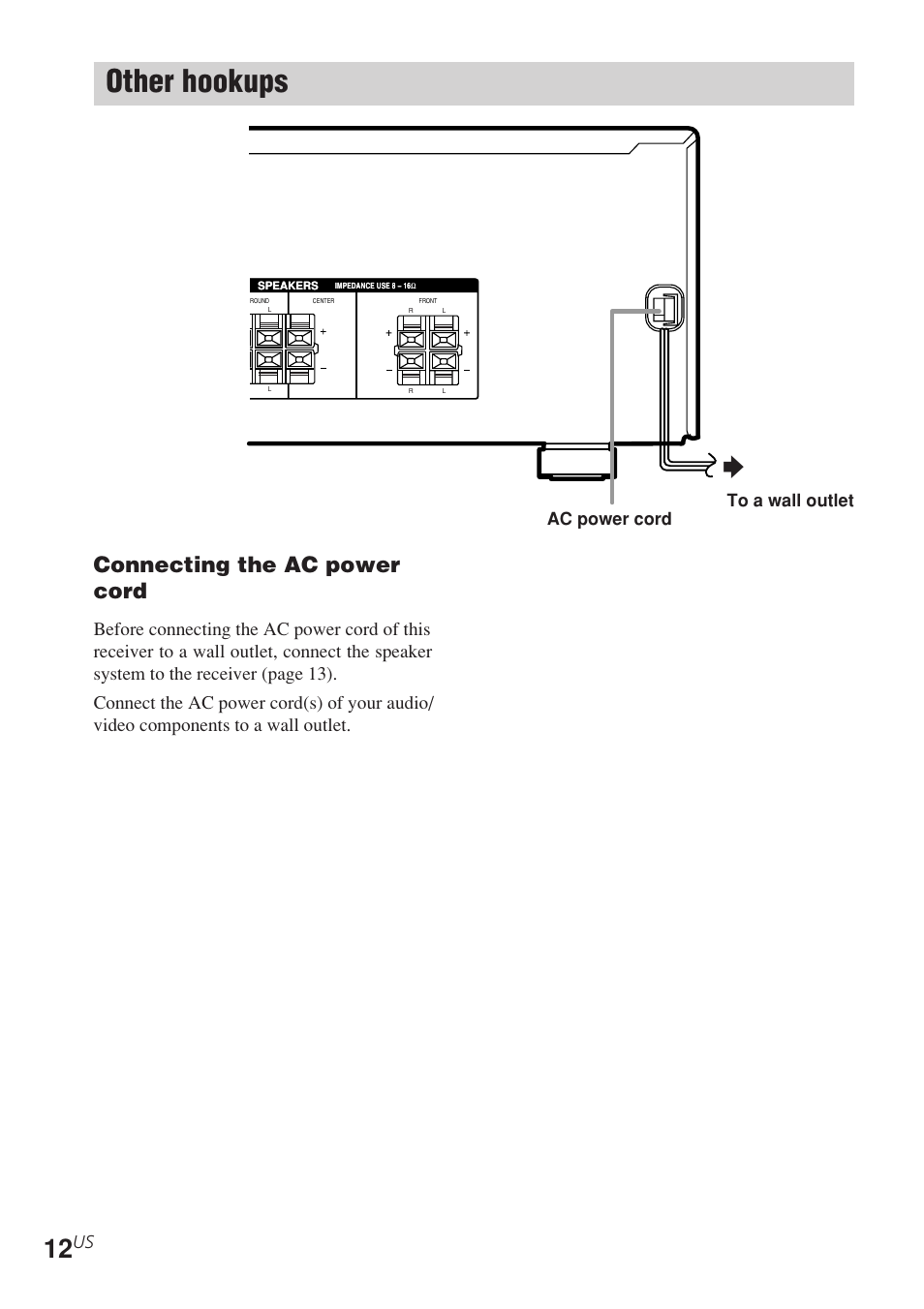 Other hookups, Connecting the ac power cord, Ac power cord to a wall outlet | Sony STR-K840P User Manual | Page 12 / 56