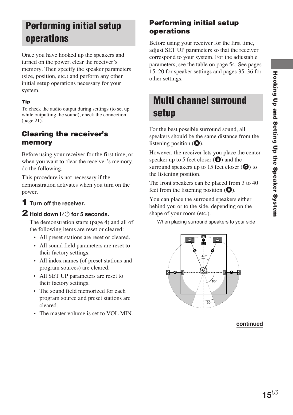 Performing initial setup operations, Multi channel surround setup | Sony STR-K840P User Manual | Page 15 / 56