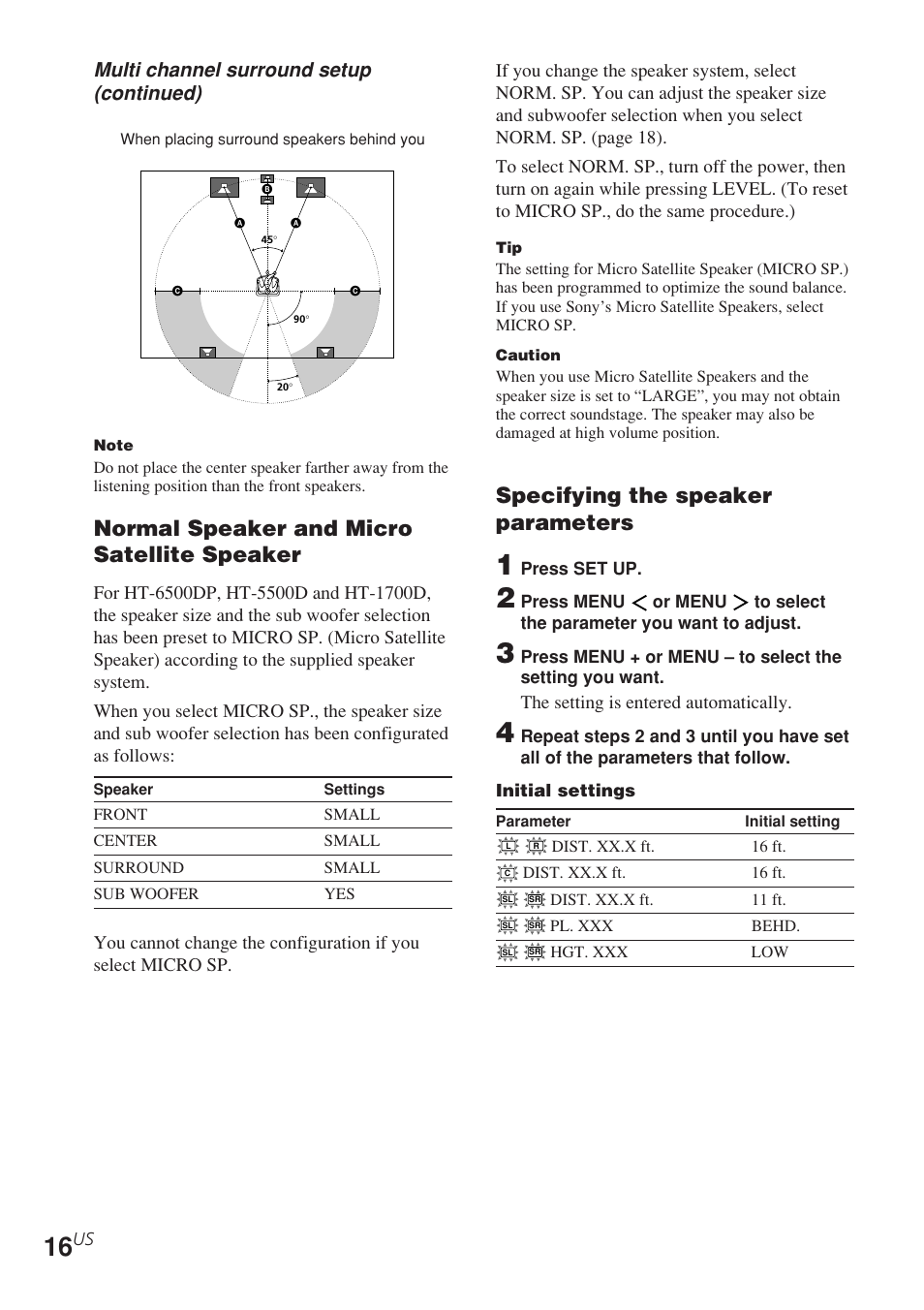 Normal speaker and micro satellite speaker, Specifying the speaker parameters, Multi channel surround setup (continued) | Sony STR-K840P User Manual | Page 16 / 56