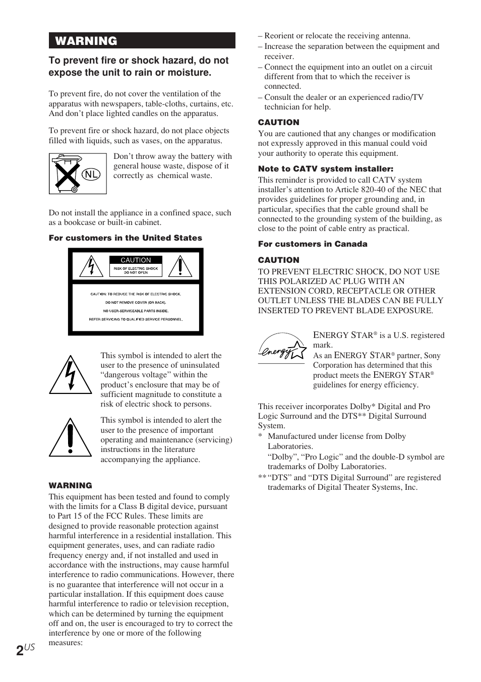 Warning | Sony STR-K840P User Manual | Page 2 / 56