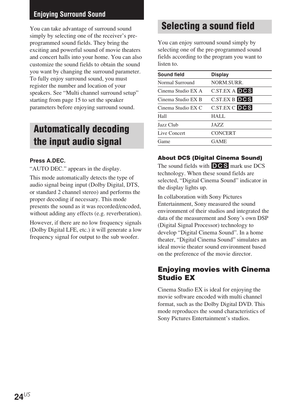 Enjoying surround sound, Automatically decoding the input, Audio signal | Selecting a sound field, Automatically decoding the input audio signal | Sony STR-K840P User Manual | Page 24 / 56