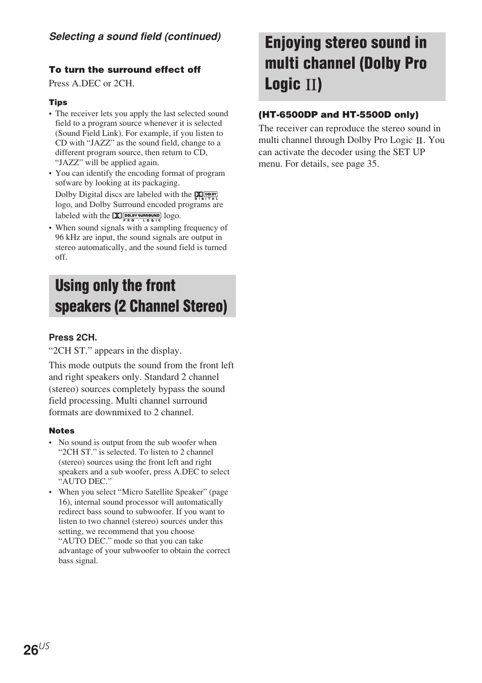 Using only the front speakers, 2 channel stereo), Enjoying stereo sound in multi channel | Dolby pro logic ), Using only the front speakers (2 channel stereo) | Sony STR-K840P User Manual | Page 26 / 56