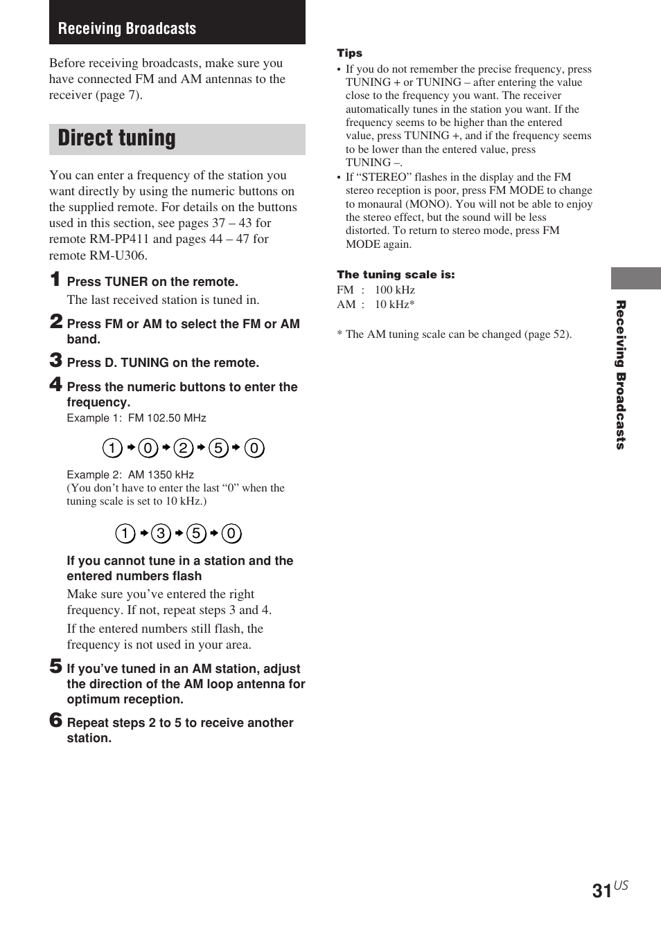 Receiving broadcasts, Direct tuning | Sony STR-K840P User Manual | Page 31 / 56