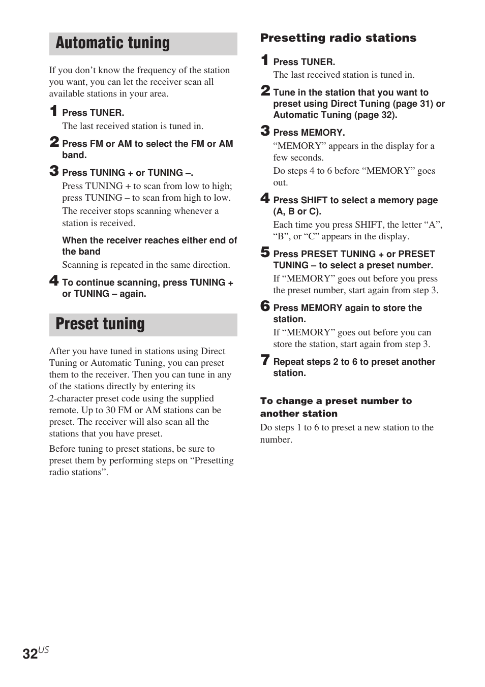 Automatic tuning, Preset tuning | Sony STR-K840P User Manual | Page 32 / 56