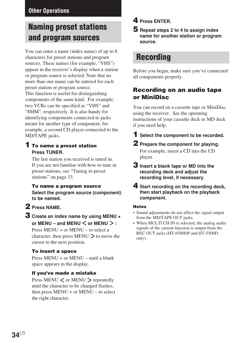 Other operations, Naming preset stations and program, Sources | Recording, Naming preset stations and program sources | Sony STR-K840P User Manual | Page 34 / 56