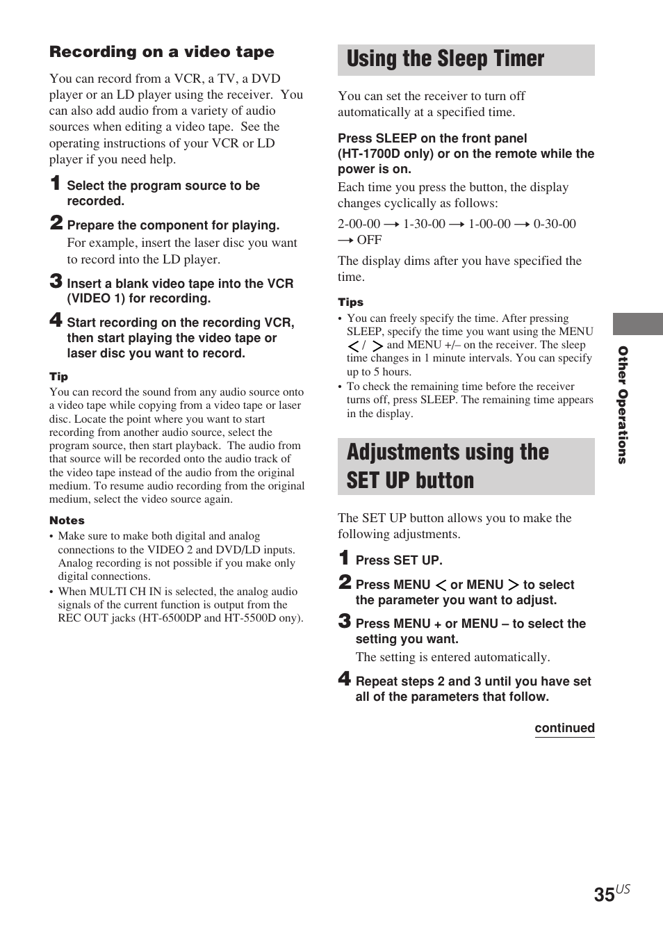 Using the sleep timer, Adjustments using the set up, Button | Adjustments using the set up button | Sony STR-K840P User Manual | Page 35 / 56