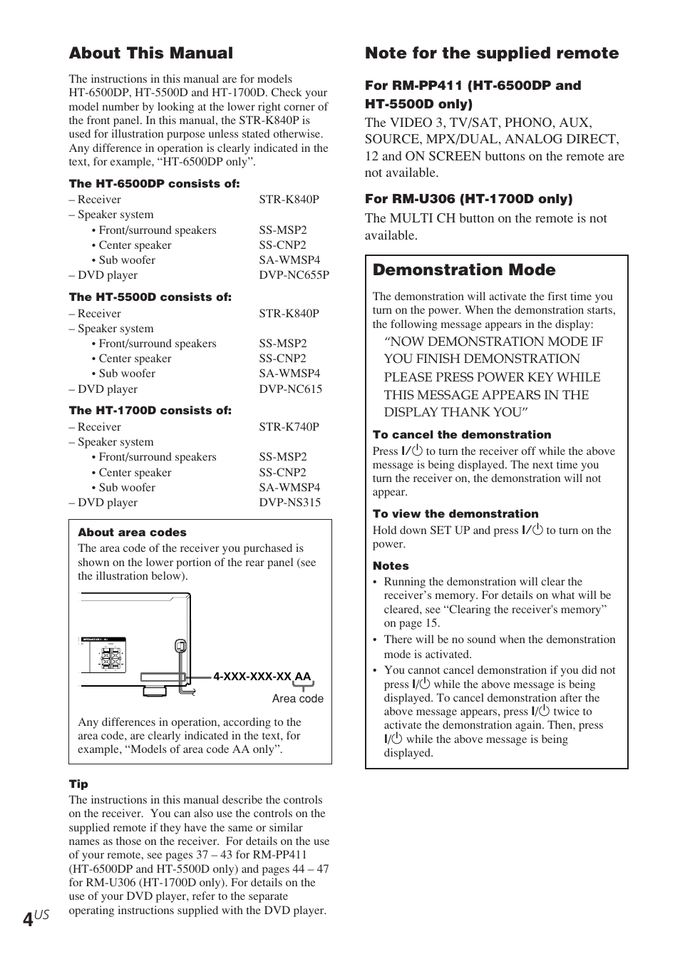 About this manual, Demonstration mode, The multi ch button on the remote is not available | Sony STR-K840P User Manual | Page 4 / 56