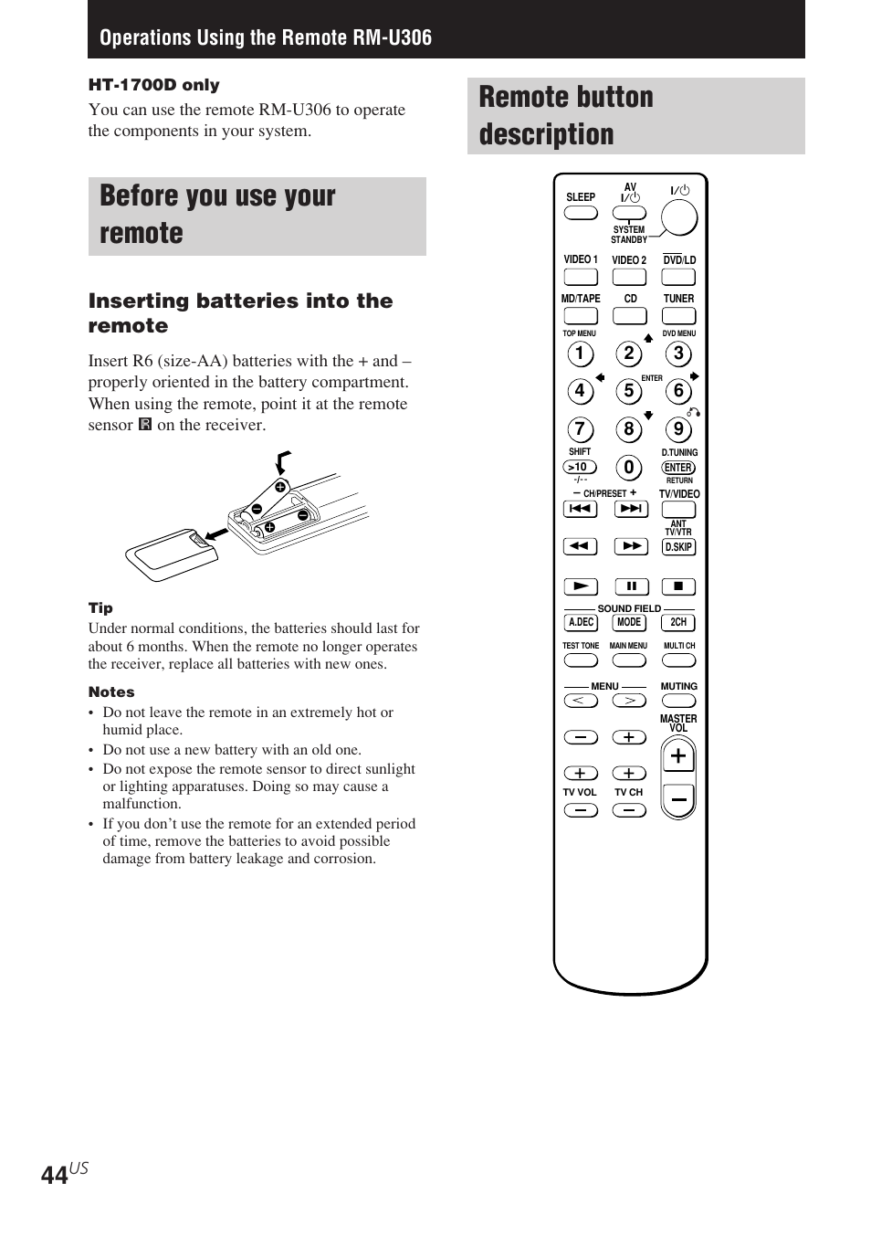 Operations using the remote rm-u306, Before you use your remote, Remote button description | Inserting batteries into the remote, Us ht-1700d only | Sony STR-K840P User Manual | Page 44 / 56