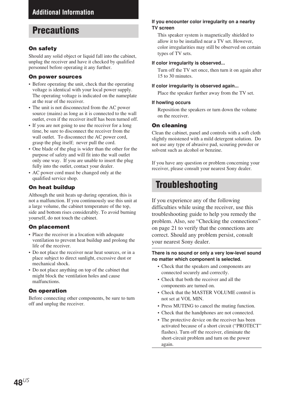 Additional information, Precautions troubleshooting, Troubleshooting | Precautions | Sony STR-K840P User Manual | Page 48 / 56