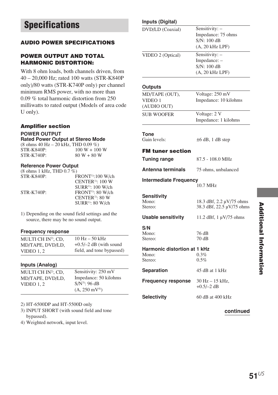 Specifications, Additional information | Sony STR-K840P User Manual | Page 51 / 56