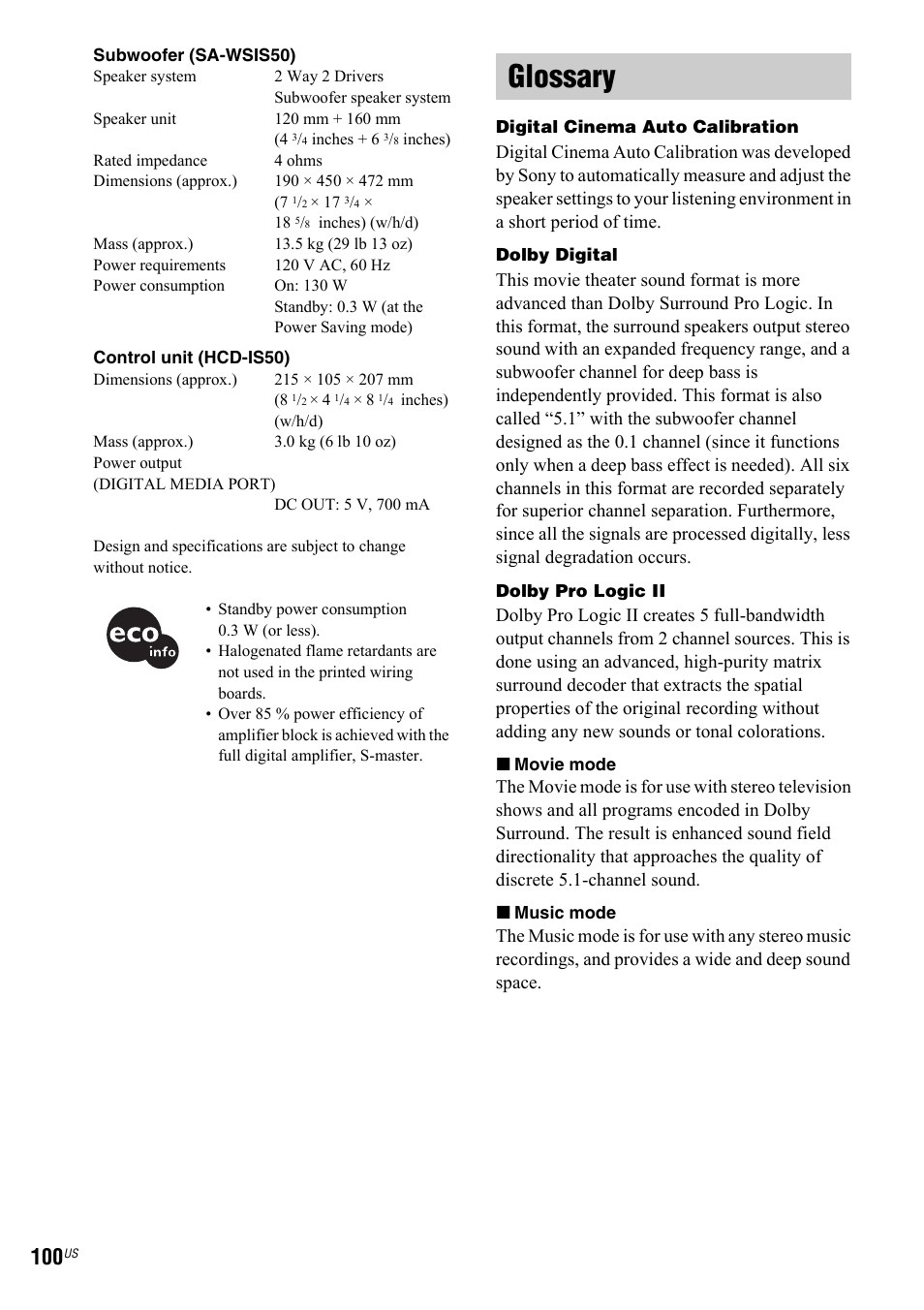 Glossary | Sony DAV-IS50 User Manual | Page 100 / 115