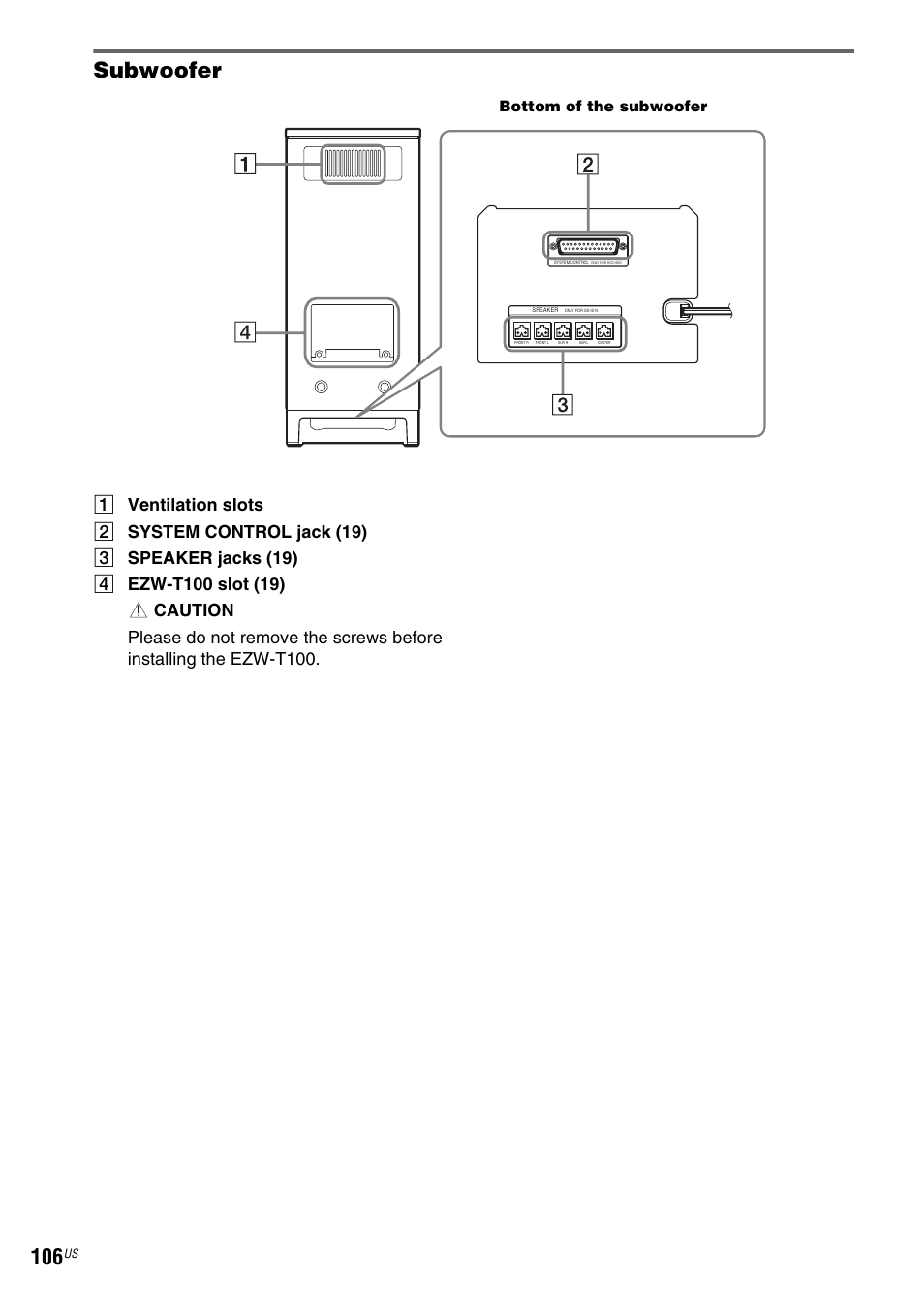 Subwoofer, Bottom of the subwoofer | Sony DAV-IS50 User Manual | Page 106 / 115