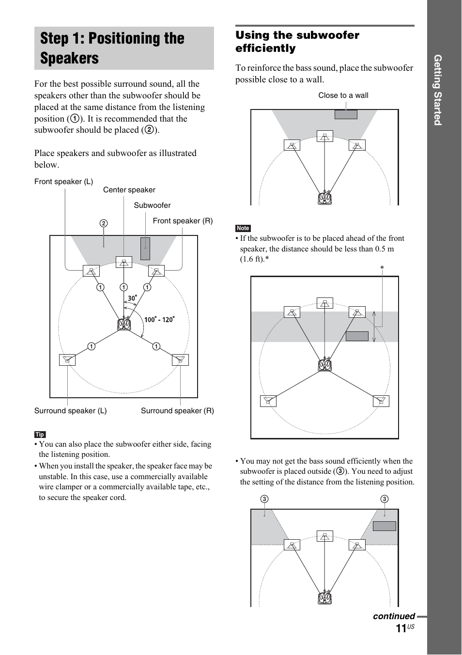Step 1: positioning the speakers, Using the subwoofer efficiently | Sony DAV-IS50 User Manual | Page 11 / 115