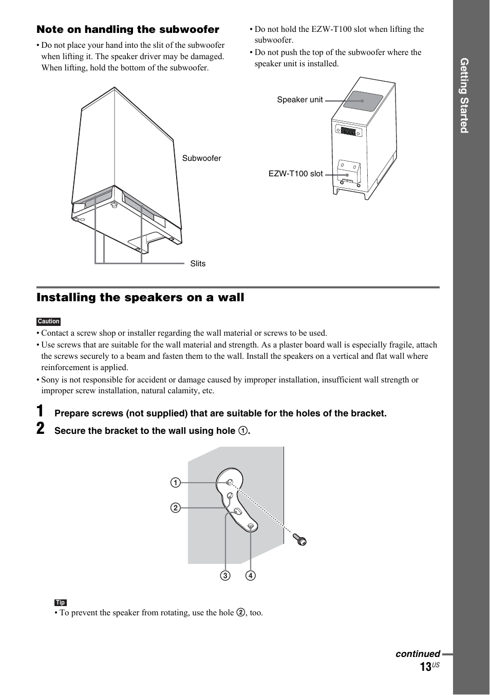 Installing the speakers on a wall | Sony DAV-IS50 User Manual | Page 13 / 115