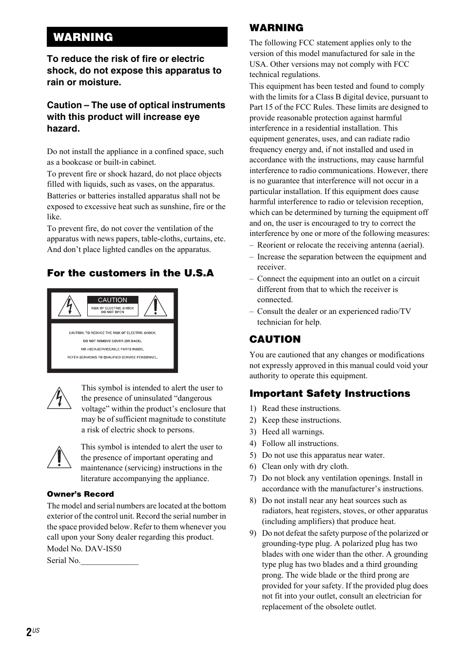 Warning | Sony DAV-IS50 User Manual | Page 2 / 115
