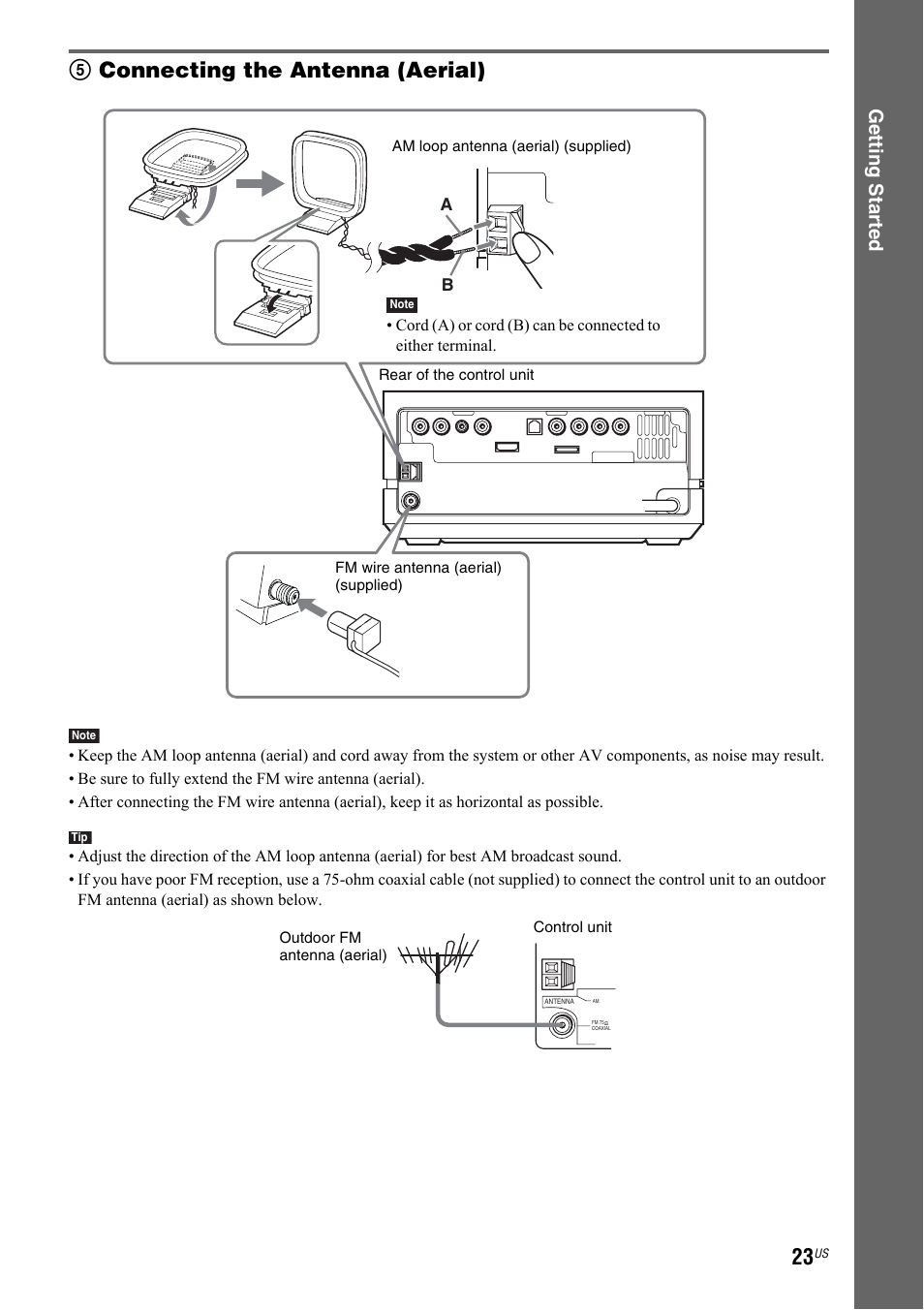 5connecting the antenna (aerial), Getting star ted | Sony DAV-IS50 User Manual | Page 23 / 115